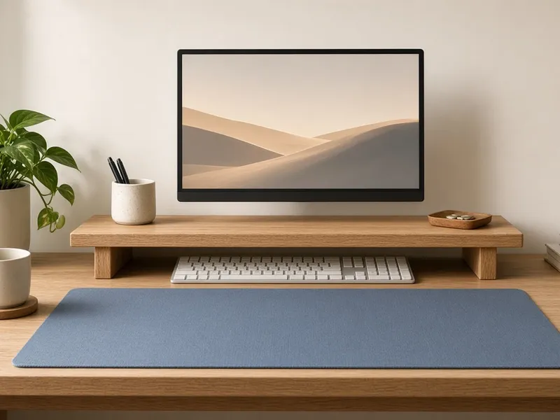 Illustration of a wooden monitor riser on a modern desk