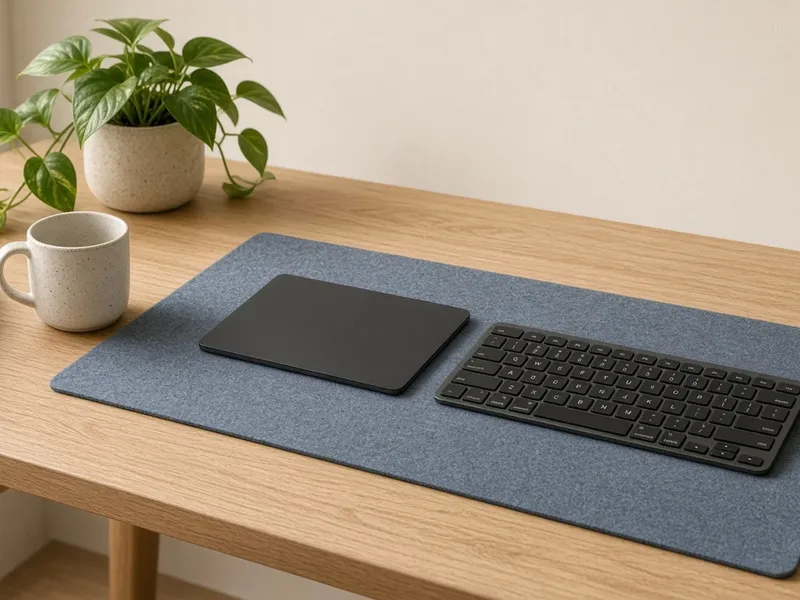 Illustration of a black wireless trackpad next to a keyboard on a modern desk