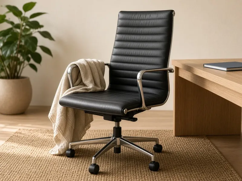 Illustration of a black ribbed leather-look office chair with chrome arms and base beside a wooden desk