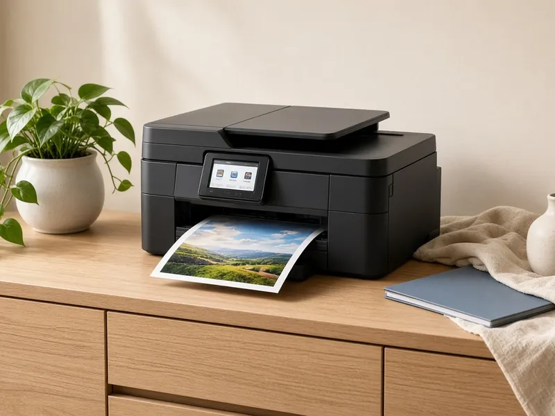 Illustration of a compact color inkjet all-in-one printer on a modern desk