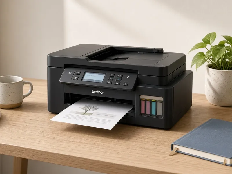 Illustration of a color ink-tank all-in-one printer on a modern desk