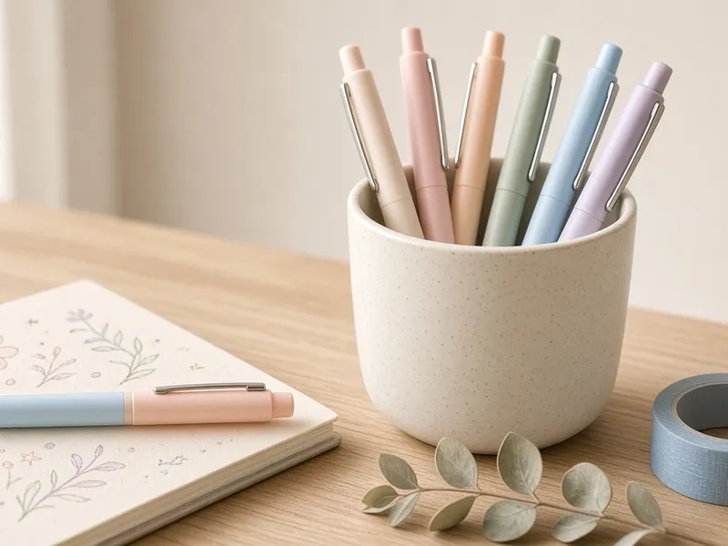 Illustration of pastel gel pens standing in a white cup beside a notebook on a wooden desk