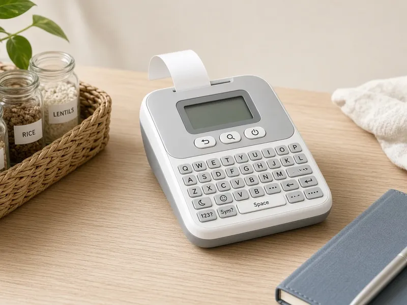 Illustration of a white handheld label maker with a QWERTY keyboard and small screen on a wooden desk