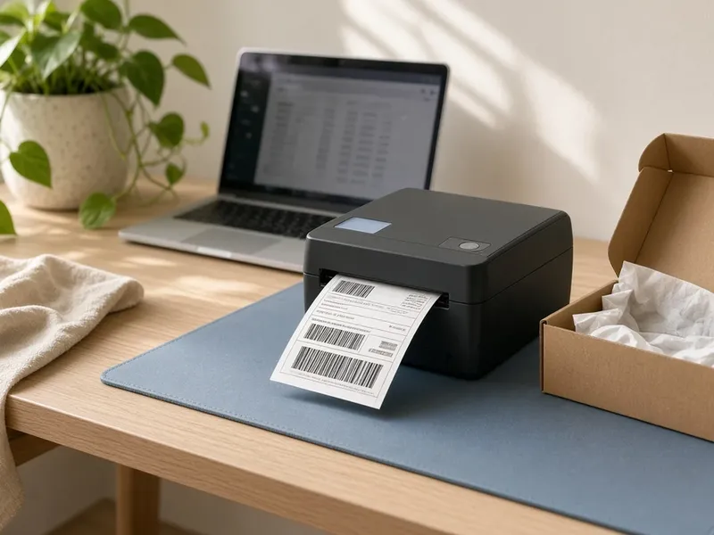 Illustration of a black shipping label printer printing a barcode label next to a laptop and a cardboard box