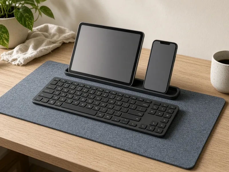 Illustration of a compact full-size keyboard with a number pad on a modern desk
