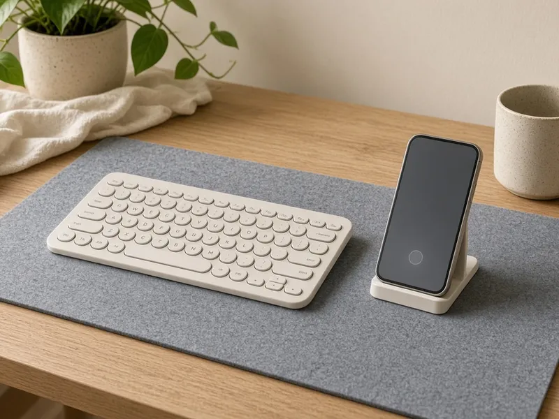 Illustration of a slim compact Bluetooth keyboard on a modern desk