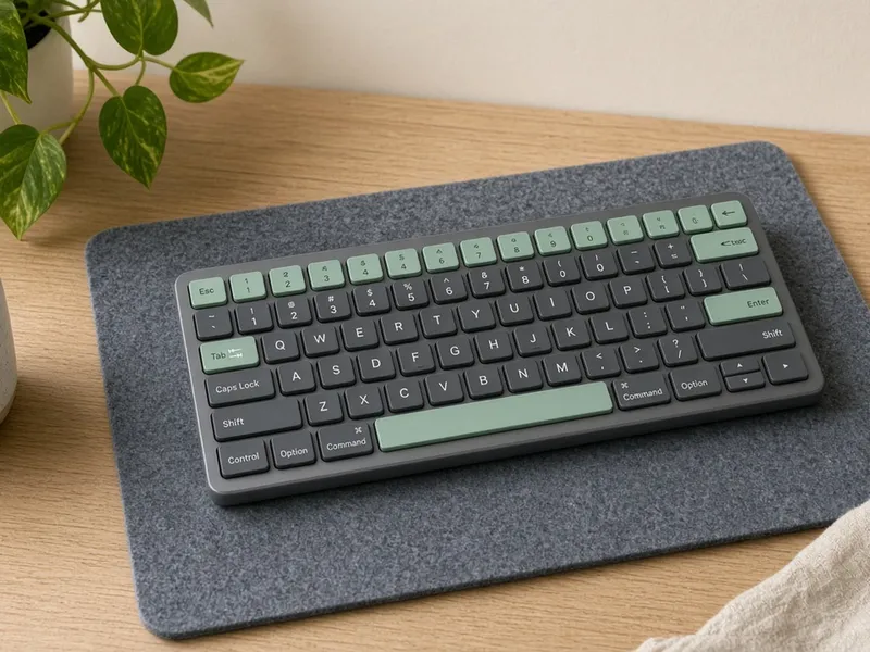Illustration of a compact wireless keyboard on a modern desk