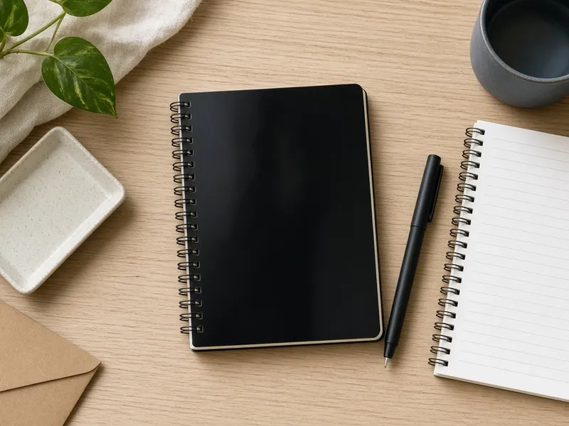 Illustration of a twin-spiral B5 notebook on a modern desk