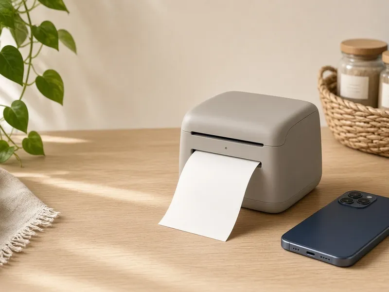 Illustration of a small gray label printer printing a white label beside a phone on a wooden desk
