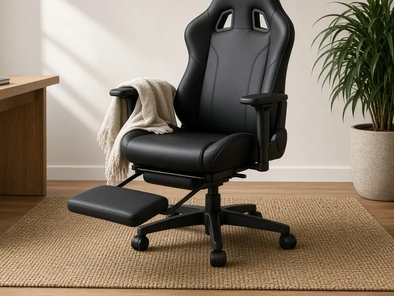 Illustration of a black high-back gaming-style chair with its footrest extended on a woven rug