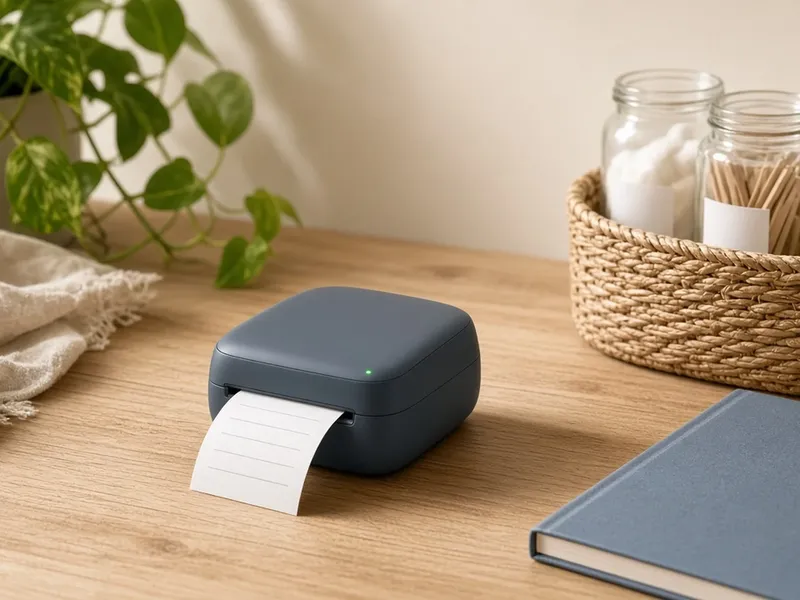 Illustration of a compact dark label printer printing a white label on a wooden desk