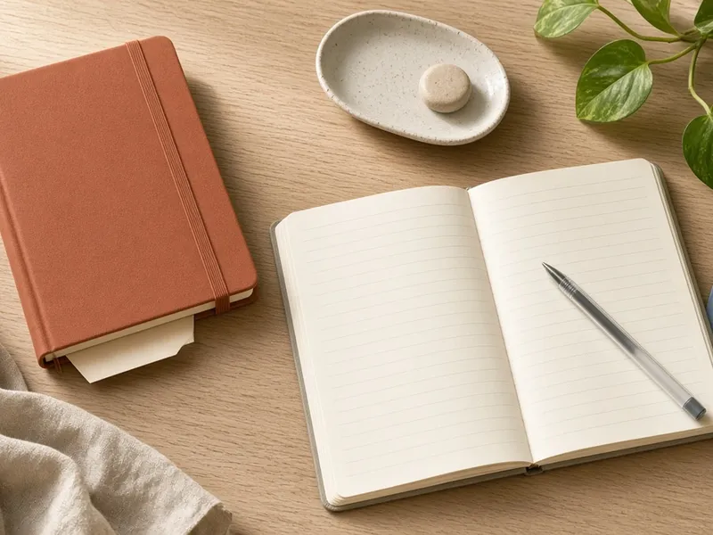 Illustration of a budget hardcover lined journal on a modern desk