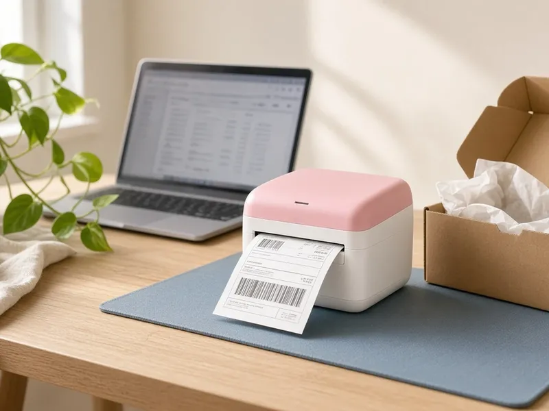 Illustration of a pink and white shipping label printer printing a barcode label next to a laptop and a box