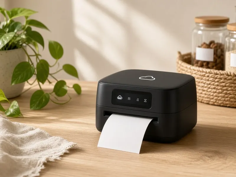 Illustration of a small black label printer printing a white label on a wooden desk