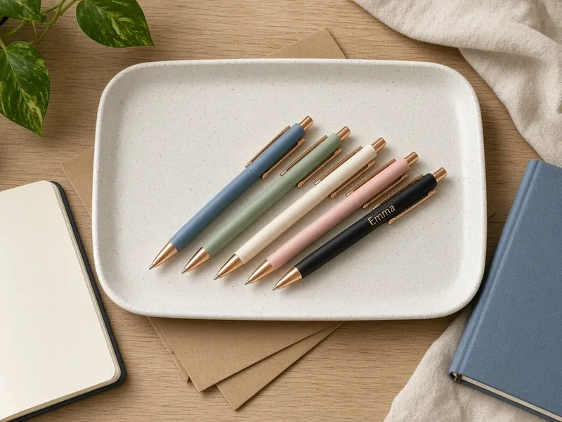 Illustration of five pens in blue, sage, cream, pink and black with rose-gold trim on a white tray, the black one engraved with a name