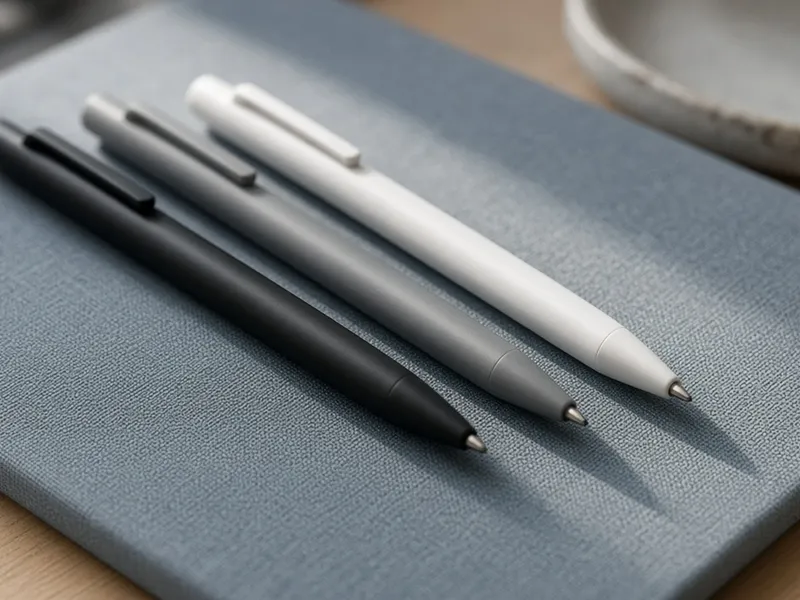 Illustration of black, gray and white pens lying on a blue notebook