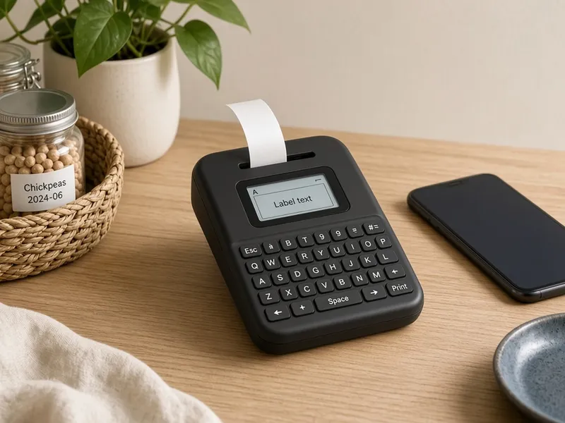 Illustration of a black handheld label maker with a small QWERTY keyboard and screen printing a label, beside a phone on a wooden desk
