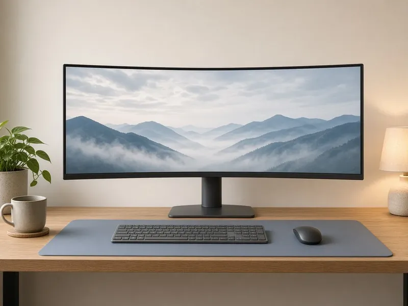 Illustration of a curved ultrawide monitor showing misty mountains, with keyboard and mouse on a desk mat