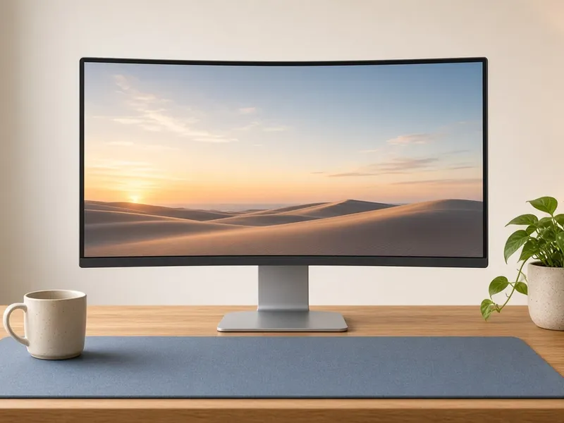 Illustration of a curved monitor on a silver stand showing a sunset landscape on a wooden desk